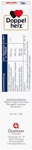 Doppelherz Omega-3 1400 mg Kapseln - Hochdosiertes Konzentrat mit Vitamin E für Herzgesundheit - 90 Stück