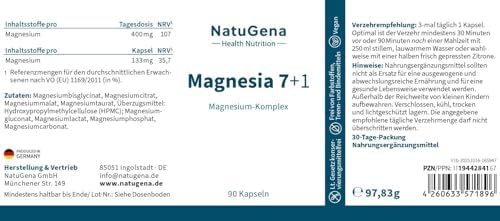 NatuGena Magnesium 7+1 Kapseln – Hochwertiger Magnesium-Komplex für Elektrolytgleichgewicht, 90 Stück für 30 Tage