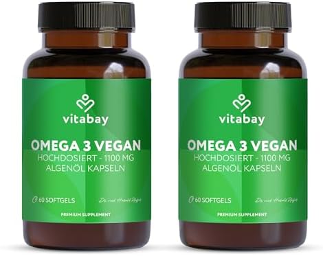 Vitabay Omega 3 Kapseln - hochdosiert mit 2000 mg Algenöl - 180 vegane Kapseln für eine gesunde Lebensweise – Laborgeprü