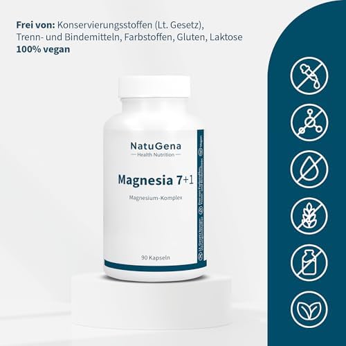 NatuGena Magnesium 7+1 Kapseln – Hochwertiger Magnesium-Komplex für Elektrolytgleichgewicht, 90 Stück für 30 Tage