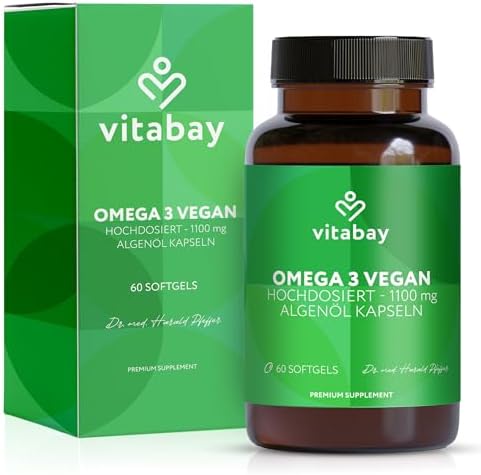 Vitabay Omega 3 Kapseln - hochdosiert mit 2000 mg Algenöl - 180 vegane Kapseln für eine gesunde Lebensweise – Laborgeprü