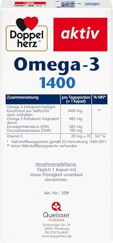 Doppelherz Omega-3 1400 mg Kapseln - Hochdosiertes Konzentrat mit Vitamin E für Herzgesundheit - 90 Stück