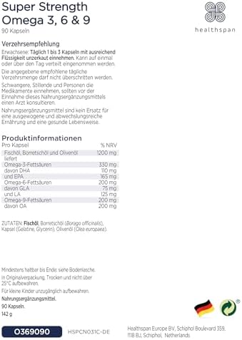 Healthspan Omega 3, 6 und 9 | Hochdosis 1.000 mg Kapseln | Unterstützt Gehirn, Augen und Herz | Nachhaltig & hochgereini