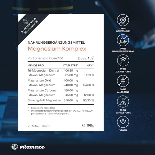 Magnesium Komplex – 350 mg hochwertiges Magnesium für 24h Depot-Effekt, 180 vegane Tabletten, ohne Zusatzstoffe, Made in
