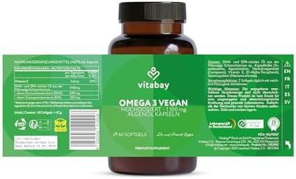 Vitabay Omega 3 Kapseln - hochdosiert mit 2000 mg Algenöl - 180 vegane Kapseln für eine gesunde Lebensweise – Laborgeprü