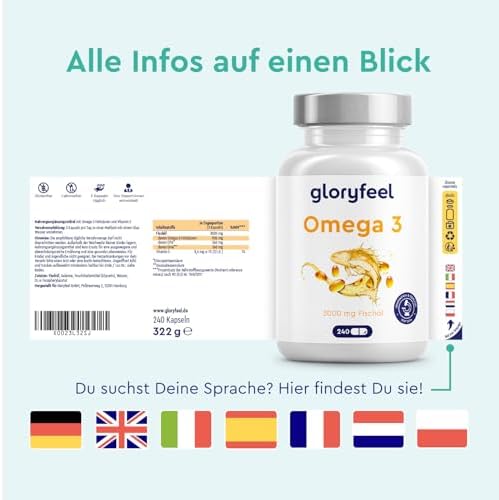 Hochdosierte Omega 3 Kapseln von Omega - 3000mg Fischöl für Herzgesundheit - 240 Stück mit Vitamin E für optimale Vitali