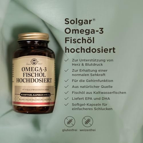 SOLGAR® Omega-3 Fischöl hochdosiert | 1764 mg EPA & DHA für Herzgesundheit | 50 Softgel-Kapseln für tägliche Energie