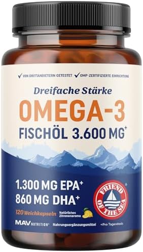 Dreifach Starkes Omega-3 Fischöl 3600 mg – Essenzielle Fettsäuren für Herz und Gehirn, 120 Ct Premium Qualität