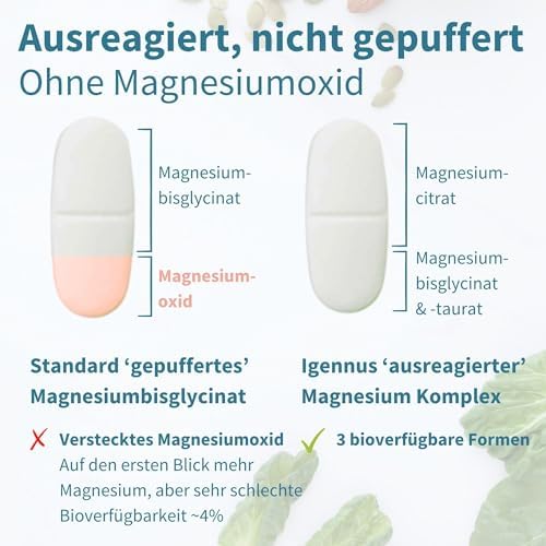 Igennus Dreifach-Magnesium-Komplex – Hoch bioverfügbares Glycinat, Taurat & Citrat für optimale Unterstützung, 60 vegane