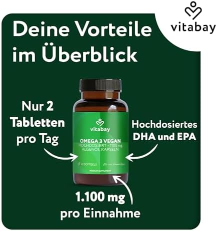 Vitabay Omega 3 Kapseln - hochdosiert mit 2000 mg Algenöl - 180 vegane Kapseln für eine gesunde Lebensweise – Laborgeprü