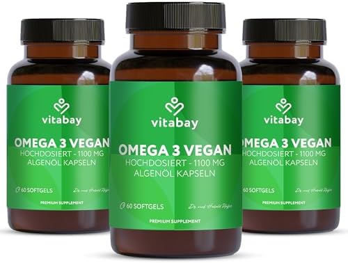 Vitabay Omega 3 Kapseln - hochdosiert mit 2000 mg Algenöl - 180 vegane Kapseln für eine gesunde Lebensweise – Laborgeprü