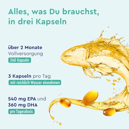 Hochdosierte Omega 3 Kapseln von Omega - 3000mg Fischöl für Herzgesundheit - 240 Stück mit Vitamin E für optimale Vitali