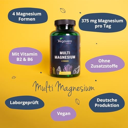 Vegavero Magnesium Komplex 375 mg | 4 bioaktive Formen für optimale Vitalität | Vegan & Zusatzfrei | 180 Kapseln