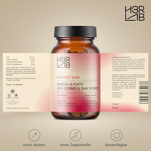 Omega-3 Forte – Vegane Algenöl-Kapseln mit 550 mg DHA & 250 mg EPA für gesunde Herzen (60 Kapseln)
