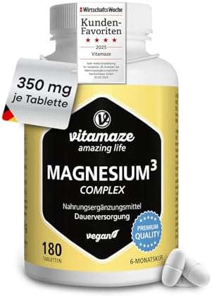 Magnesium Komplex – 350 mg hochwertiges Magnesium für 24h Depot-Effekt, 180 vegane Tabletten, ohne Zusatzstoffe, Made in