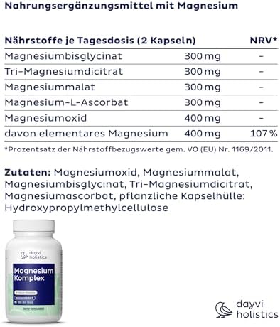 Magnesium Komplex hochdosiert 400mg - 180 Kapseln für mehr Energie im Alltag