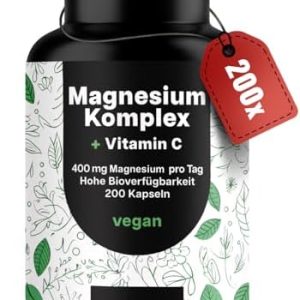 Hochdosiertes Magnesium Komplex 400 mg - 200 Kapseln mit Vitamin C, vegan für optimale Gesundheit in Deutschland produzi