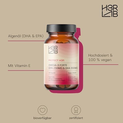 Omega-3 Forte – Vegane Algenöl-Kapseln mit 550 mg DHA & 250 mg EPA für gesunde Herzen (60 Kapseln)