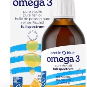 Arctic Blue Omega 3 Fischöl – hochdosiert mit DHA, EPA & Vitamin D – 150 ml flüssig für frischen Orangengeschmack ohne A