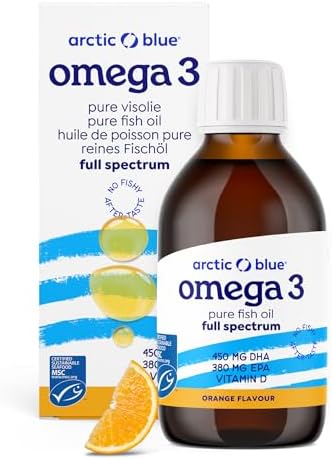 Arctic Blue Omega 3 Fischöl – hochdosiert mit DHA, EPA & Vitamin D – 150 ml flüssig für frischen Orangengeschmack ohne A