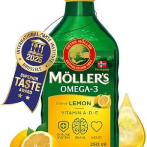 Möller's Omega 3 Lebertran Öl mit EPA, DHA & Vitaminen – Zitrone für verbesserten Geschmack, 250 ML