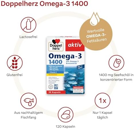 Doppelherz Omega-3 1400 mg Kapseln - Hochdosiertes Konzentrat mit Vitamin E für Herzgesundheit - 90 Stück