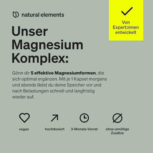 Natural Elements Magnesium Komplex - 400mg hochdosiert, vegan & laborgeprüft für optimale Gesundheit