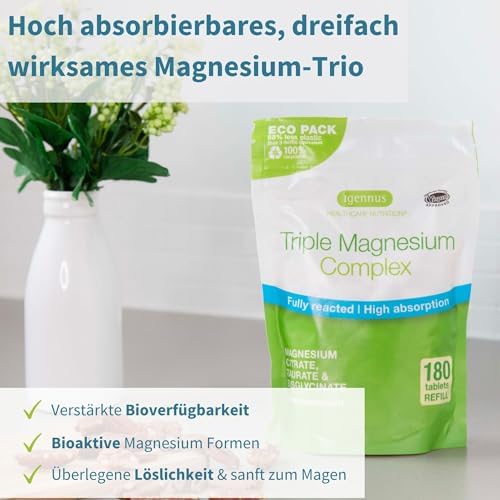 Igennus Dreifach-Magnesium-Komplex – Hoch bioverfügbares Glycinat, Taurat & Citrat für optimale Unterstützung, 60 vegane