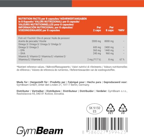 GymBeam Omega 3 Kapseln - Hochdosierte 2000 mg pro Tag, mit 18% EPA & 12% DHA, für Ihr Immunsystem (240 Kapseln)