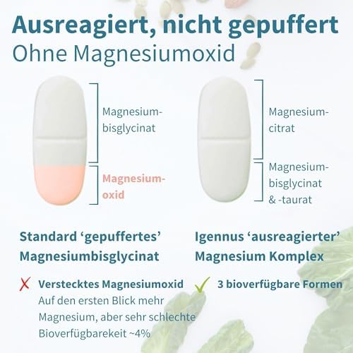 Igennus Dreifach-Magnesium-Komplex – Hoch bioverfügbares Glycinat, Taurat & Citrat für optimale Unterstützung, 60 vegane