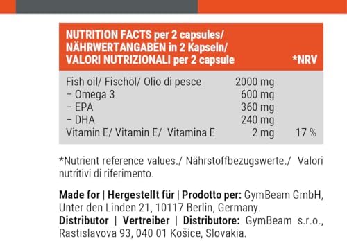 GymBeam Omega 3 Kapseln - Hochdosierte 2000 mg pro Tag, mit 18% EPA & 12% DHA, für Ihr Immunsystem (240 Kapseln)