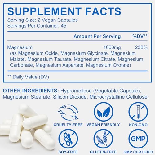 Magnesium Komplex 8-in-1 – 1000mg pro Portion, 8 Formen für Muskeln & Nerven – 90 vegane Kapseln