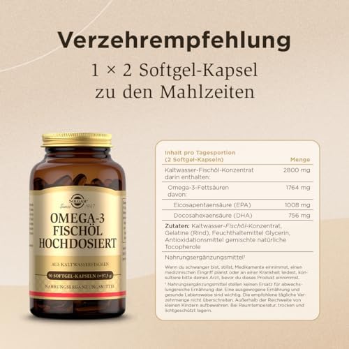 SOLGAR® Omega-3 Fischöl hochdosiert | 1764 mg EPA & DHA für Herzgesundheit | 50 Softgel-Kapseln für tägliche Energie