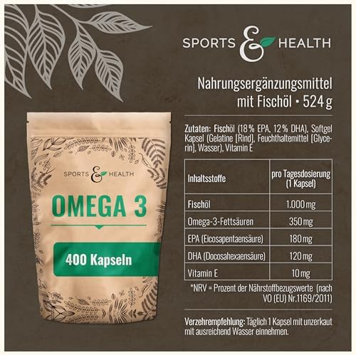 Hochdosierte Omega 3 Kapseln von Omega – 400 Fischöl Kapseln für Herz & Gehirn – 1000mg pro Kapsel, nachhaltiger Fischfa