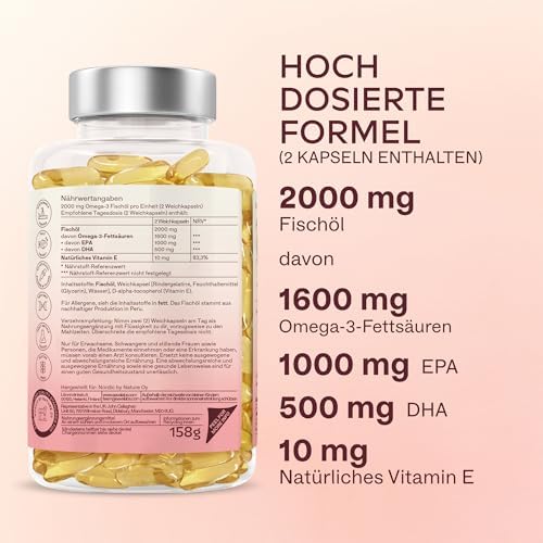 Omega 3 Kapseln Hochdosiert 2000mg – 2 Premium Fischöl Kapseln für optimale Gesundheit – 120 Stück für 60 Tage
