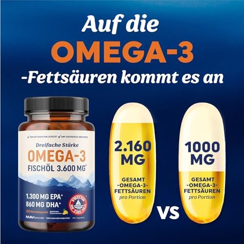 Dreifach Starkes Omega-3 Fischöl 3600 mg – Essenzielle Fettsäuren für Herz und Gehirn, 120 Ct Premium Qualität