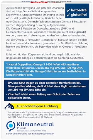 Doppelherz Omega-3 1400 mg Kapseln - Hochdosiertes Konzentrat mit Vitamin E für Herzgesundheit - 90 Stück