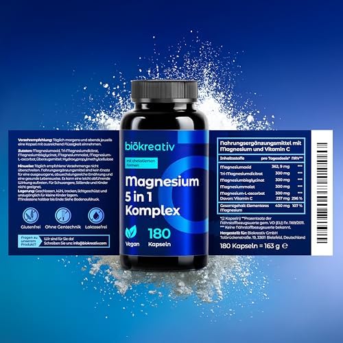 Magnesium Komplex Hochdosiert 180 Kapseln – Vegan & Laborgeprüft für optimale Gesundheit – 400mg pro Tag!
