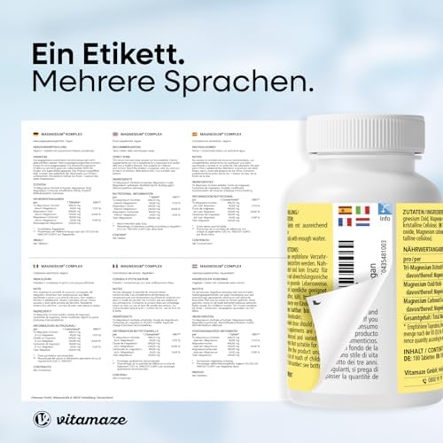Magnesium Komplex – 350 mg hochwertiges Magnesium für 24h Depot-Effekt, 180 vegane Tabletten, ohne Zusatzstoffe, Made in