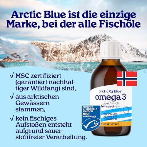 Arctic Blue Omega 3 Fischöl – hochdosiert mit DHA, EPA & Vitamin D – 150 ml flüssig für frischen Orangengeschmack ohne A