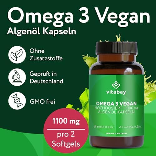 Vitabay Omega 3 Kapseln - hochdosiert mit 2000 mg Algenöl - 180 vegane Kapseln für eine gesunde Lebensweise – Laborgeprü