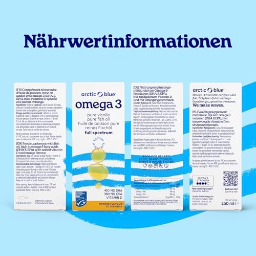 Arctic Blue Omega 3 Fischöl – hochdosiert mit DHA, EPA & Vitamin D – 150 ml flüssig für frischen Orangengeschmack ohne A