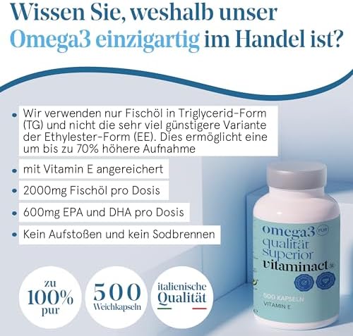 Omega 3 Kapseln von - Hochdosiert mit 2000 mg reinem Fischöl, 600 mg EPA/DHA, ideal für Gesundheit und Wohlbefinden.