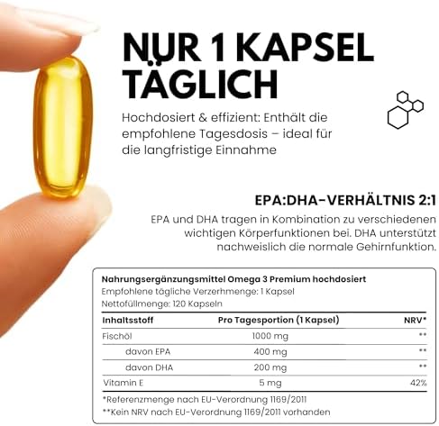 Hochdosierte Omega-3 Kapseln von – 2000 mg Fischöl, 800 mg EPA, 400 mg DHA – Nachhaltig & Laborgeprüft für Ihre Gesundh