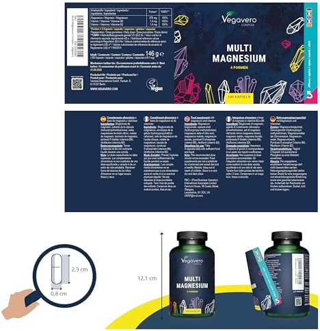 Vegavero Magnesium Komplex 375 mg | 4 bioaktive Formen für optimale Vitalität | Vegan & Zusatzfrei | 180 Kapseln