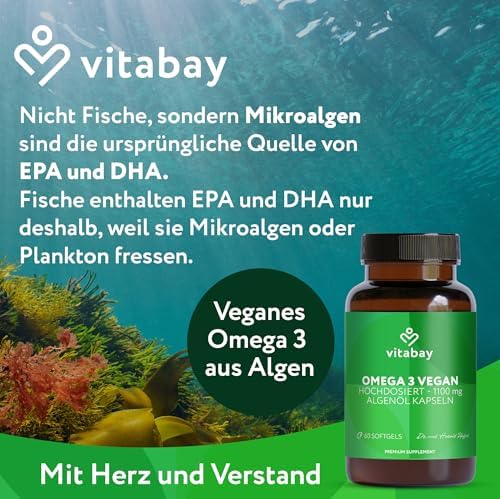 Vitabay Omega 3 Kapseln - hochdosiert mit 2000 mg Algenöl - 180 vegane Kapseln für eine gesunde Lebensweise – Laborgeprü