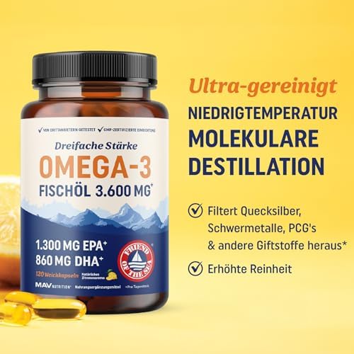 Dreifach Starkes Omega-3 Fischöl 3600 mg – Essenzielle Fettsäuren für Herz und Gehirn, 120 Ct Premium Qualität