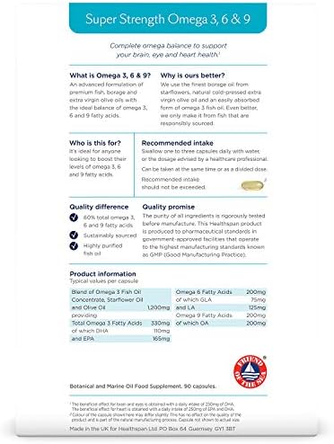 Healthspan Omega 3, 6 und 9 | Hochdosis 1.000 mg Kapseln | Unterstützt Gehirn, Augen und Herz | Nachhaltig & hochgereini