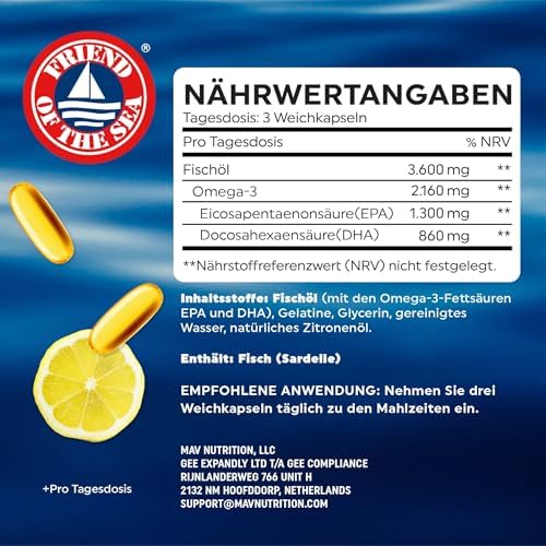 Dreifach Starkes Omega-3 Fischöl 3600 mg – Essenzielle Fettsäuren für Herz und Gehirn, 120 Ct Premium Qualität