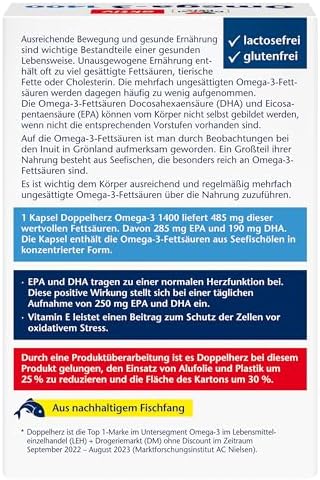 Doppelherz Omega-3 1400 mg Kapseln - Hochdosiertes Konzentrat mit Vitamin E für Herzgesundheit - 90 Stück